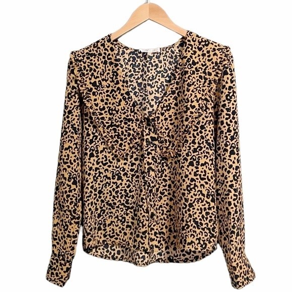 NWT WAYF Top Esther Collar Cheetah Print Blouse Ruffled Pointed Collar Size XS - Picture 2 of 11